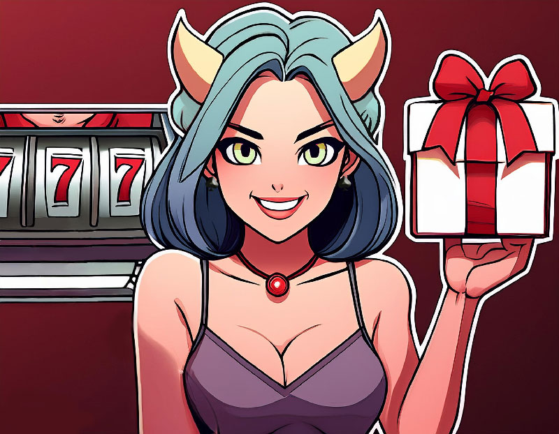 Eine Dämonin hält eine Geschenkbox mit einen Bonus vor einem Spielautomaten hoch